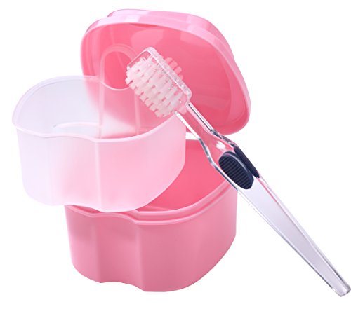 Bearals Denture Box, Denture Cup, Denture Case with Brush, Denture Bath Cleaning Soaking Cup with Strainer, Mouth Guard Night Gum Retainer Container (Pink)