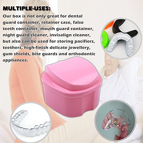 Bearals Denture Box, Denture Cup, Denture Case with Brush, Denture Bath Cleaning Soaking Cup with Strainer, Mouth Guard Night Gum Retainer Container (Pink)