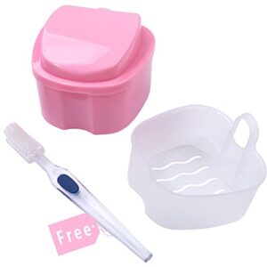 Bearals Denture Box, Denture Cup, Denture Case with Brush, Denture Bath Cleaning Soaking Cup with Strainer, Mouth Guard Night Gum Retainer Container (Pink)