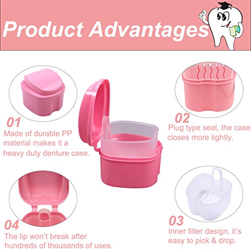 Bearals Denture Box, Denture Cup, Denture Case with Brush, Denture Bath Cleaning Soaking Cup with Strainer, Mouth Guard Night Gum Retainer Container (Pink)