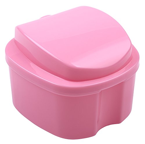 Bearals Denture Box, Denture Cup, Denture Case with Brush, Denture Bath Cleaning Soaking Cup with Strainer, Mouth Guard Night Gum Retainer Container (Pink)