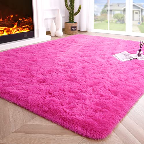 Noahas Fluffy Bedroom Rug Plush Fuzzy Rugs for Kids Room Living Room, Soft Shaggy Nursery Rug Furry Floor Carpet Modern Indoor Bedroom Decor Cute Boys Girls Room Rug, 4x5.3 Feet, Hot Pink