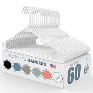 usa-made notched white plastic hangers (15, 30, 45, 60, 150 packs) clothes plastic coat hangers | non-slip heavy duty white hangers plastic, quality slim adult hangers shoulder grooves (60 pack)