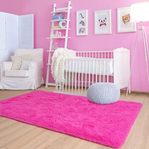 Noahas Fluffy Bedroom Rug Plush Fuzzy Rugs for Kids Room Living Room, Soft Shaggy Nursery Rug Furry Floor Carpet Modern Indoor Bedroom Decor Cute Boys Girls Room Rug, 4x5.3 Feet, Hot Pink