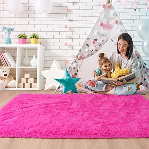 Noahas Fluffy Bedroom Rug Plush Fuzzy Rugs for Kids Room Living Room, Soft Shaggy Nursery Rug Furry Floor Carpet Modern Indoor Bedroom Decor Cute Boys Girls Room Rug, 4x5.3 Feet, Hot Pink