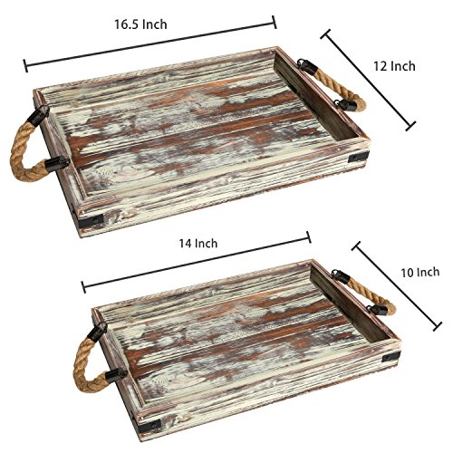 MyGift Country Rustic Torched Wood Rectangular Coffee Breakfast Serving Tray with Rope Handles, Set of 2