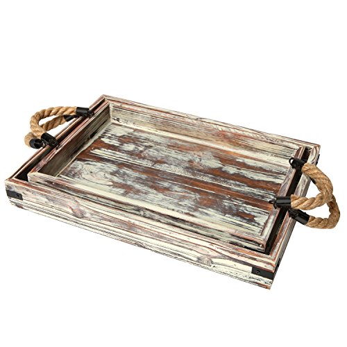 MyGift Country Rustic Torched Wood Rectangular Coffee Breakfast Serving Tray with Rope Handles, Set of 2