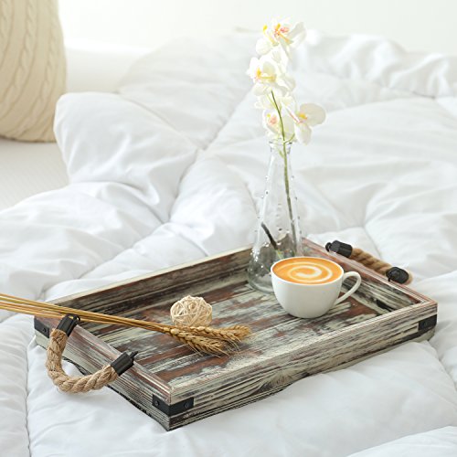 MyGift Country Rustic Torched Wood Rectangular Coffee Breakfast Serving Tray with Rope Handles, Set of 2