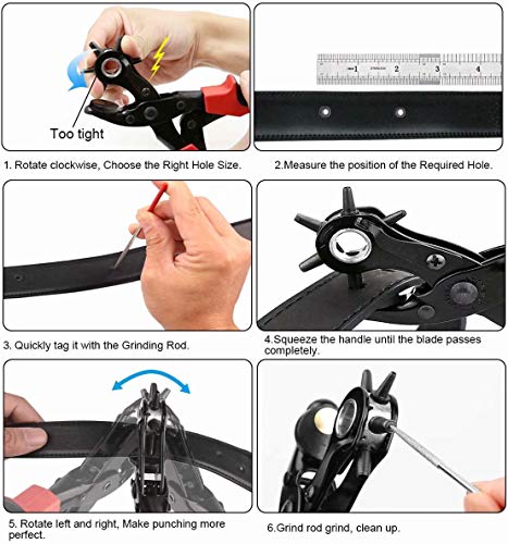 Revolving Punch Plier Kit, XOOL Leather Hole Punch Set for Belts, Watch Bands, Straps, Dog Collars, Saddles, Shoes, Fabric, DIY Home or Craft Projects, Heavy Duty Rotary Puncher, Multi Hole Sizes Make