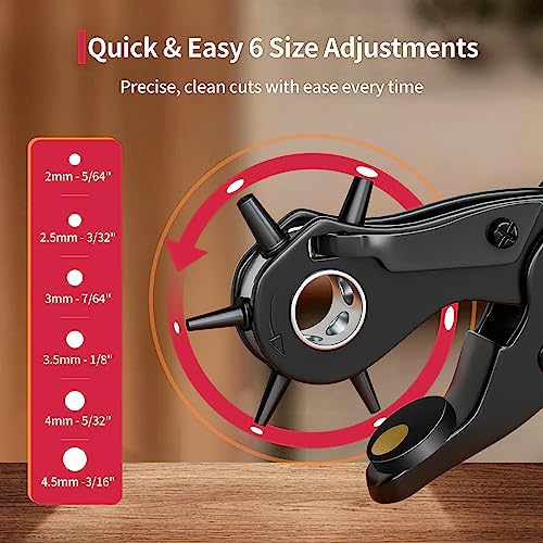 Revolving Punch Plier Kit, XOOL Leather Hole Punch Set for Belts, Watch Bands, Straps, Dog Collars, Saddles, Shoes, Fabric, DIY Home or Craft Projects, Heavy Duty Rotary Puncher, Multi Hole Sizes Make