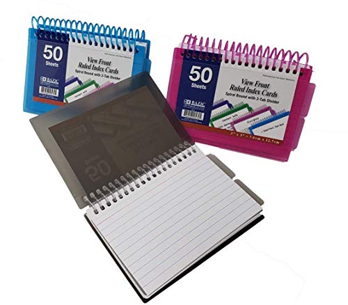 Bazic Poly Spiral Bound Index Card with 2 Tab Divider, White Ruled Paper, 3 x 5 Inches, Color Varies, (3 Pack), (570)