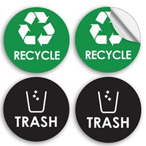 pixelverse design recycle sticker trash bin label, 4" x 4" black trash and green recycle home round vinyl decals (4 pack)