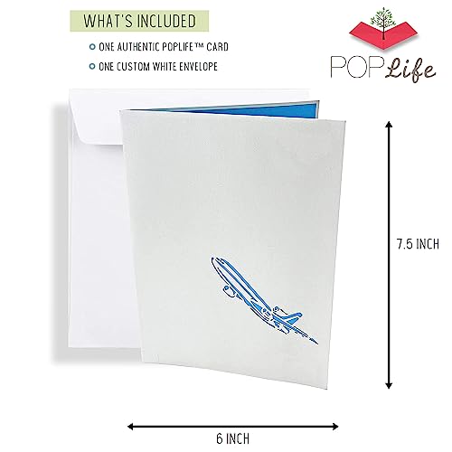 PopLife Jet Airplane Pop Up Card for All Occasions - Happy Birthday, Graduation, Congratulations, Retirement, Work Anniversary, Fathers Day - Pilots, Plane Travelers - Folds Flat for Mailing