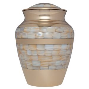 mother of pearl gold funeral urn by cremation urn for human ashes - hand made in brass - suitable for cemetery burial or niche - large size fits remains of adults up to 200 lbs - mother of pearl