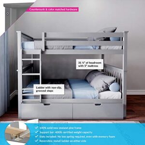 Max & Lily Bunk Bed, Full-Over-Full Wood Bed Frame for Kids with Storage Drawers, Grey