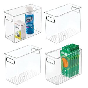mdesign tall plastic storage organizer container bin, office organization for filing cabinet, cupboard, shelves, and desk - holds notepads, pens, pencils, highlighters, ligne collection, 4 pack, clear