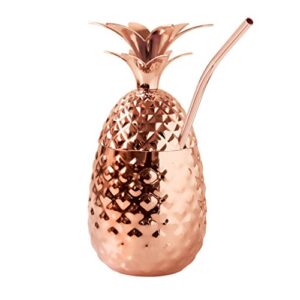 Oggi Stainless Steel Pineapple Cup with Straw & Lid- 12oz Copper Plated Metal Pineapple, Bar Accessories for Summer, Cocktail Cups Make Great Drinking Gifts