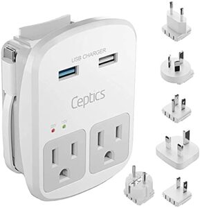 ceptics world travel adapter kit - qc 3.0 2 usb + 2 us outlets, surge protection, plugs for europe, uk, china, australia, japan - perfect for laptop, cell phones, cameras - safe etl tested