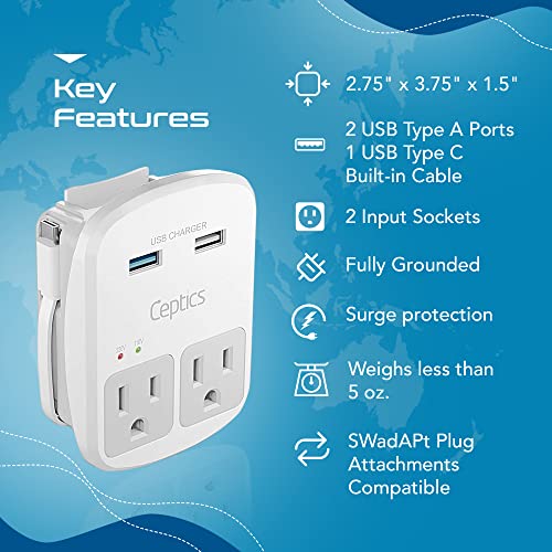 Ceptics World Travel Adapter Kit - QC 3.0 2 USB + 2 US Outlets, Surge Protection, Plugs for Europe, UK, China, Australia, Japan - Perfect for Laptop, Cell Phones, Cameras - Safe ETL Tested