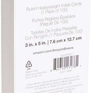 Amazon Basics Heavy Weight Ruled Lined Index Cards, White, 3x5 Inch Card, 100-Count