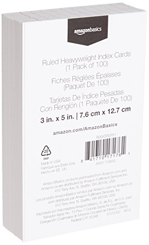 Amazon Basics Heavy Weight Ruled Lined Index Cards, White, 3x5 Inch Card, 100-Count