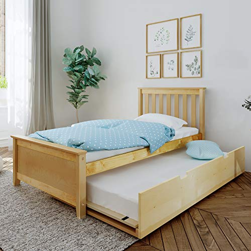 Max & Lily Twin Bed, Wood Bed Frame with Headboard For Kids with Trundle, Slatted, Natural