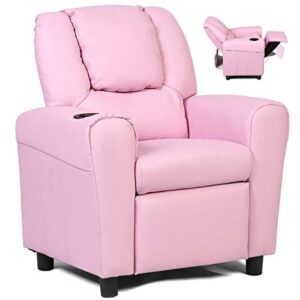 costzon kids recliner chair with cup holder, toddler furniture children armrest sofa w/headrest & footrest for girls boys baby bedroom, kids room, pu leather kids recliner couch (pink)