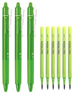 pilot frixion ball knock retractable erasable gel ink pens, extra fine point 0.7mm, light green ink, 3 pens & 6 refills value set