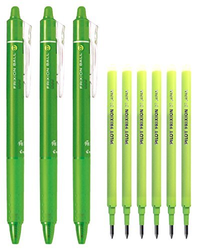 Pilot FriXion Ball Knock Retractable Erasable Gel Ink Pens, Extra Fine Point 0.7mm, Light Green Ink, 3 Pens & 6 Refills Value Set