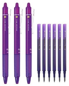 pilot frixion ball knock retractable erasable gel ink pens, extra fine point 0.7mm, violet ink, 3 pens & 6 refills value set