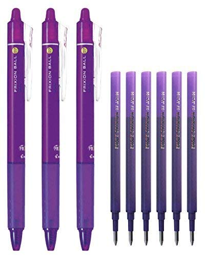 Pilot FriXion Ball Knock Retractable Erasable Gel Ink Pens, Extra Fine Point 0.7mm, Violet Ink, 3 Pens & 6 Refills Value Set