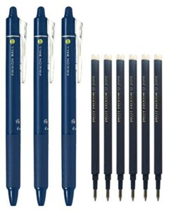 pilot frixion ball knock retractable erasable gel ink pens, extra fine point 0.7mm, blue black ink, 3 pens & 6 refills value set