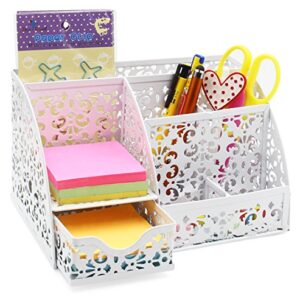 EasyPAG Desk Organizer Caddy with 6 Compartments and 1 Sliding Drawer Desktop Accessories Office Supplies Holder for Home School Classroom,White