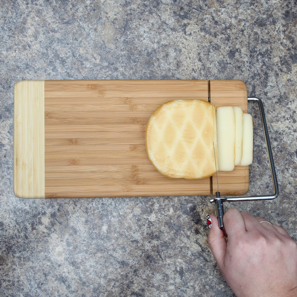 Home-X - Bamboo Cheese Cutting Board with Stainless Steel Wire Cheese Slicer, The Ultimate Two-In-One Kitchenware Appliance with Little to No Mess