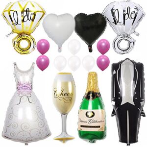 ezing 40inch groom bride wedding dress foil balloon, 28inch diamond ring and 18inch heart balloon for wedding party bridal room decoration (f)