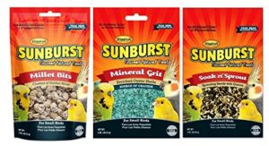 higgins sunburst gourmet natural treats 3 flavor variety sampler bundle: (1) millet bits, (1) mineral grit, and (1) soak n' sprout, 1-6 oz. ea. (3 bags total)