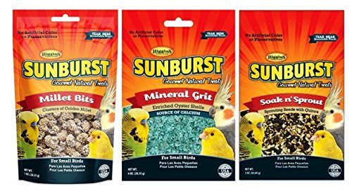 Higgins Sunburst Gourmet Natural Treats 3 Flavor Variety Sampler Bundle: (1) Millet Bits, (1) Mineral Grit, and (1) Soak n' Sprout, 1-6 Oz. Ea. (3 Bags Total)