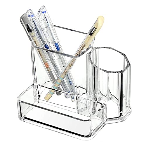 Sooyee Acrylic Desk Supplies Organizer Holder, 3 Compartments Office Desktop Caddy, Multi-function Pen Pencil Cup Phone Remote Control Stationery Storage Box for Home, School, Classroom, Clear