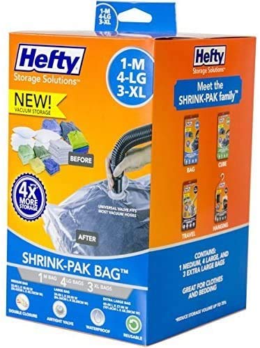 Hefty Shrink-Pak Vacuum Seal Bags, 1 Medium, 4 Large and 3 X-Large Bags