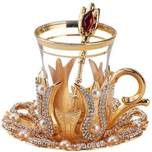 (set of 6) turkish tea glasses set with saucers holders spoons, decorated with swarovski type crystals and pearl,24 pcs (gold), 3.3 ounces