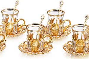 (Set of 6) Turkish Tea Glasses Set with Saucers Holders Spoons, Decorated with Swarovski Type Crystals and Pearl,24 Pcs (Gold), 3.3 Ounces