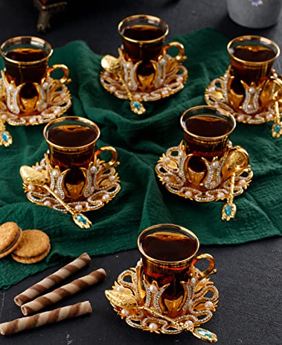 (Set of 6) Turkish Tea Glasses Set with Saucers Holders Spoons, Decorated with Swarovski Type Crystals and Pearl,24 Pcs (Gold), 3.3 Ounces