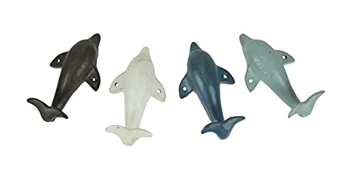 4 Piece Distressed Finish Cast Iron Dolphin Wall Hook Set Coastal Colors