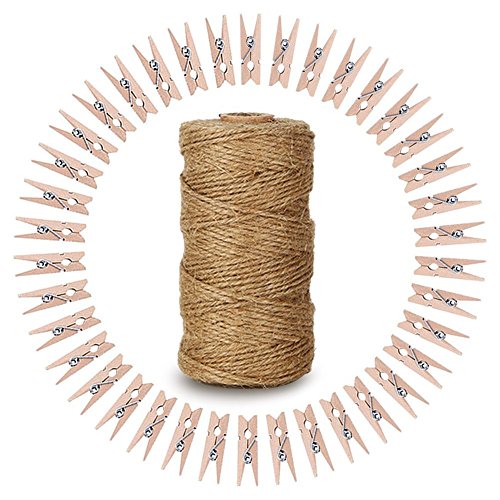 328 Feet Natural Jute Twine with 100 Pcs Mini Natural Wooden Clothespins Photo Pegs Craft Pictures Clips