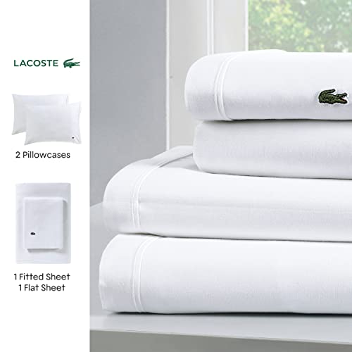 Lacoste 100% Cotton Percale Sheet Set, Solid, White, Queen