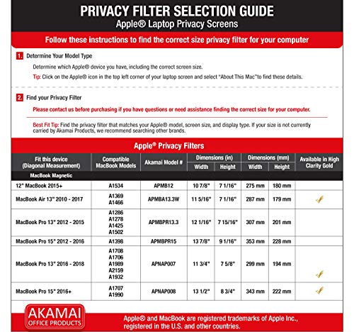 Akamai Office Products 13.3 Inch 2016 to Current MacBook Pro Magnetic Privacy Screen (16:10) - Display Security - Also Fits 2018 MacBook Air (Latest 13 inch MacBook Pro & 2018 MacBook Air)