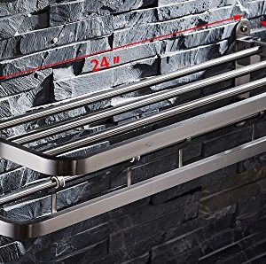 ELLO&ALLO Stainless Steel Towel Racks for Bathroom Shelf Double Towel Bar Holder with Hooks Wall Mounted Multifunctional Foldable Brushed Nickel