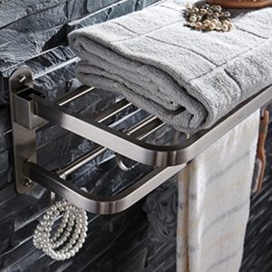 ELLO&ALLO Stainless Steel Towel Racks for Bathroom Shelf Double Towel Bar Holder with Hooks Wall Mounted Multifunctional Foldable Brushed Nickel