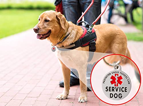 K9King Service Dog Tag Double Sided Federal Protection with Red Medical Alert Symbol Pet ID Tags 1.25 inch. Easily Attach to Collar Harness Vest Dog Service Tag