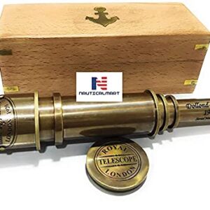 Pirate Brass Telescope, Spyglass Collapsible Monocular Decorative Telescope with Glass Optics for Travel, Hiking, Hunting, Navigation with High Resolution, with Lid and Antique Finish